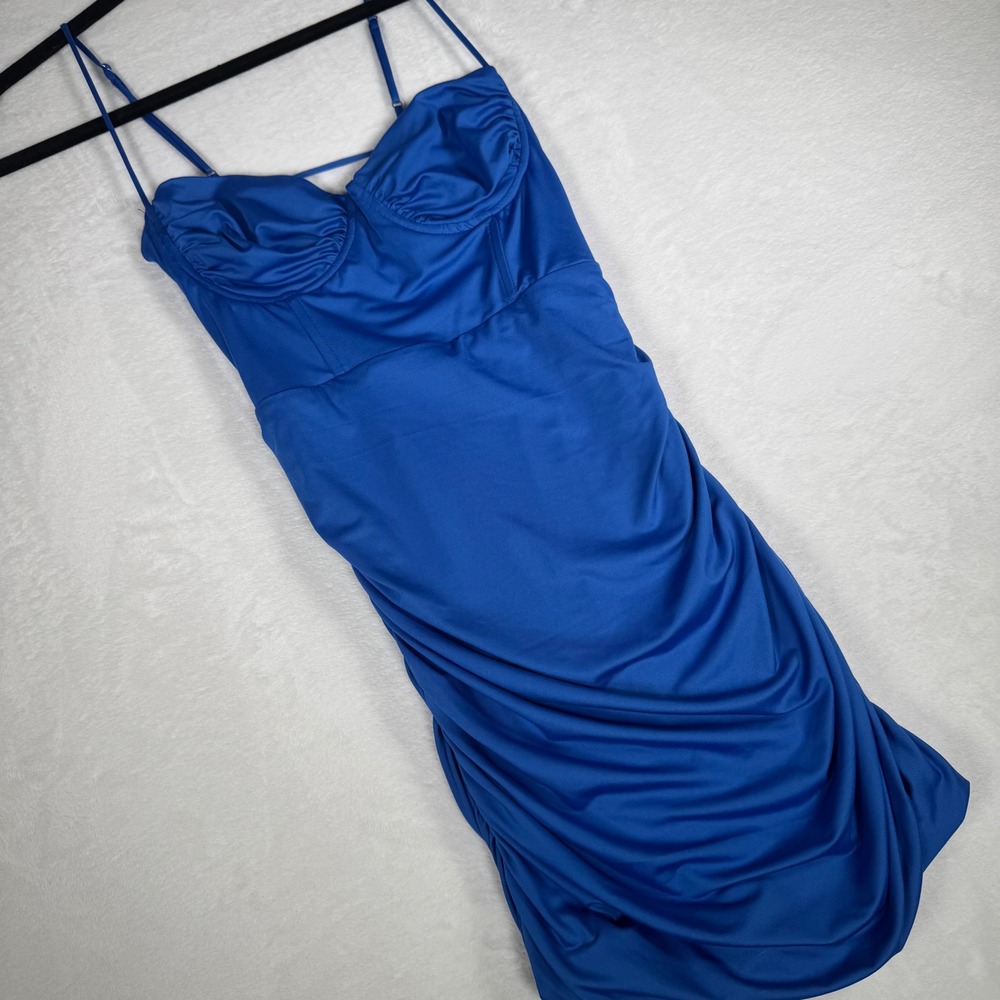 Lucy in the Sky Blue Bodycon Dress‎ Ruched Laced Back Cocktail Party Med